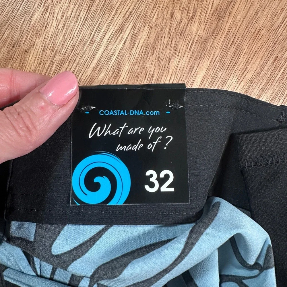 Coastal DNA Board Shorts Mens 32 Black Blue Tropical Palm Leaf 4-Way Stretch